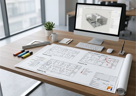 Scrivania dell'ufficio tecnico Faster Italia con planimetrie di impianti