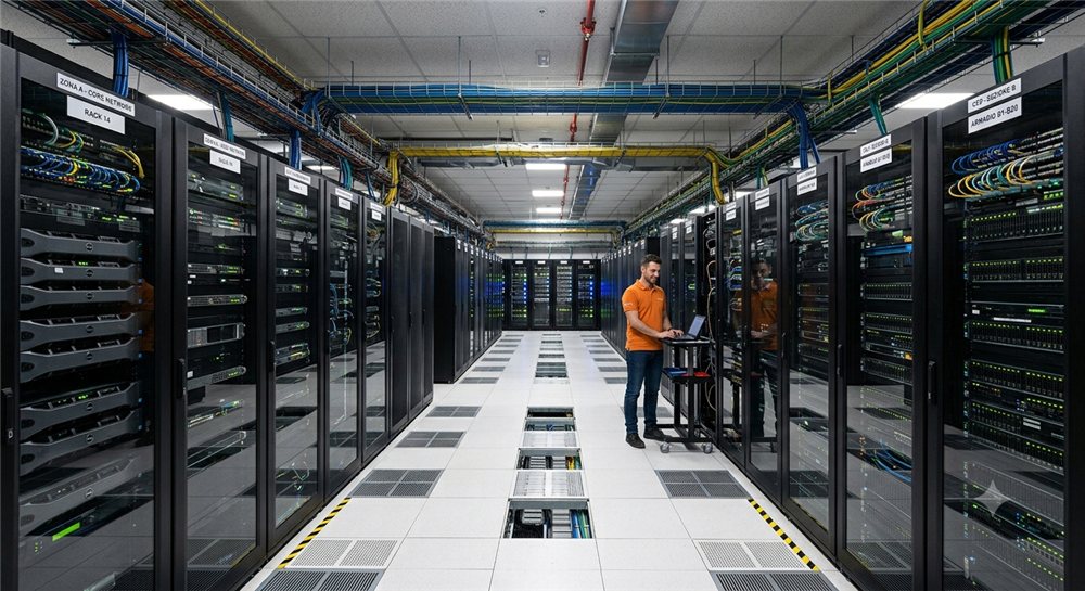 Sala CED con armadi rack e cablaggio strutturato seguita dai tecnici Faster Italia